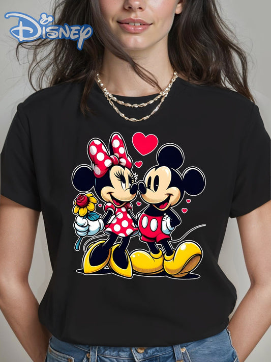 Disney Licensed Minnie & Mickey Mouse Love Print Women's T-Shirt - 100% Cotton Soft Breathable Crew Neck Tee with Heart & Rose Design, Cute Casual Summer Top for Daily Wear & Workouts, Sizes S-XXL, Disney Shirts