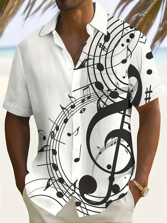 Men's Vintage Music Note Print Short-Sleeve Shirt with Chest Pocket - Lightweight Polyester, Non-Stretch, Machine Washable - Ideal for Summer Casual Outings, Beachwear Shirt | Buttonup Shirt | Lightweight Shirt