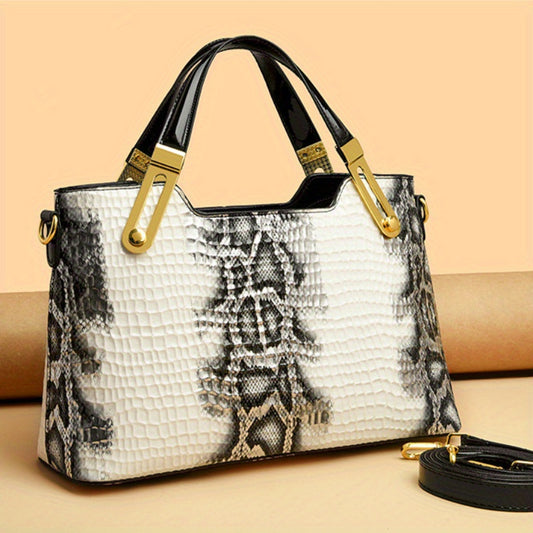 Large Capacity Crocodile Embossed Synthetic Crossbody Bag Black Vintage European American Style Shoulder Bag with Golden Tone Hardware Zipper Closure Polyester Lining
