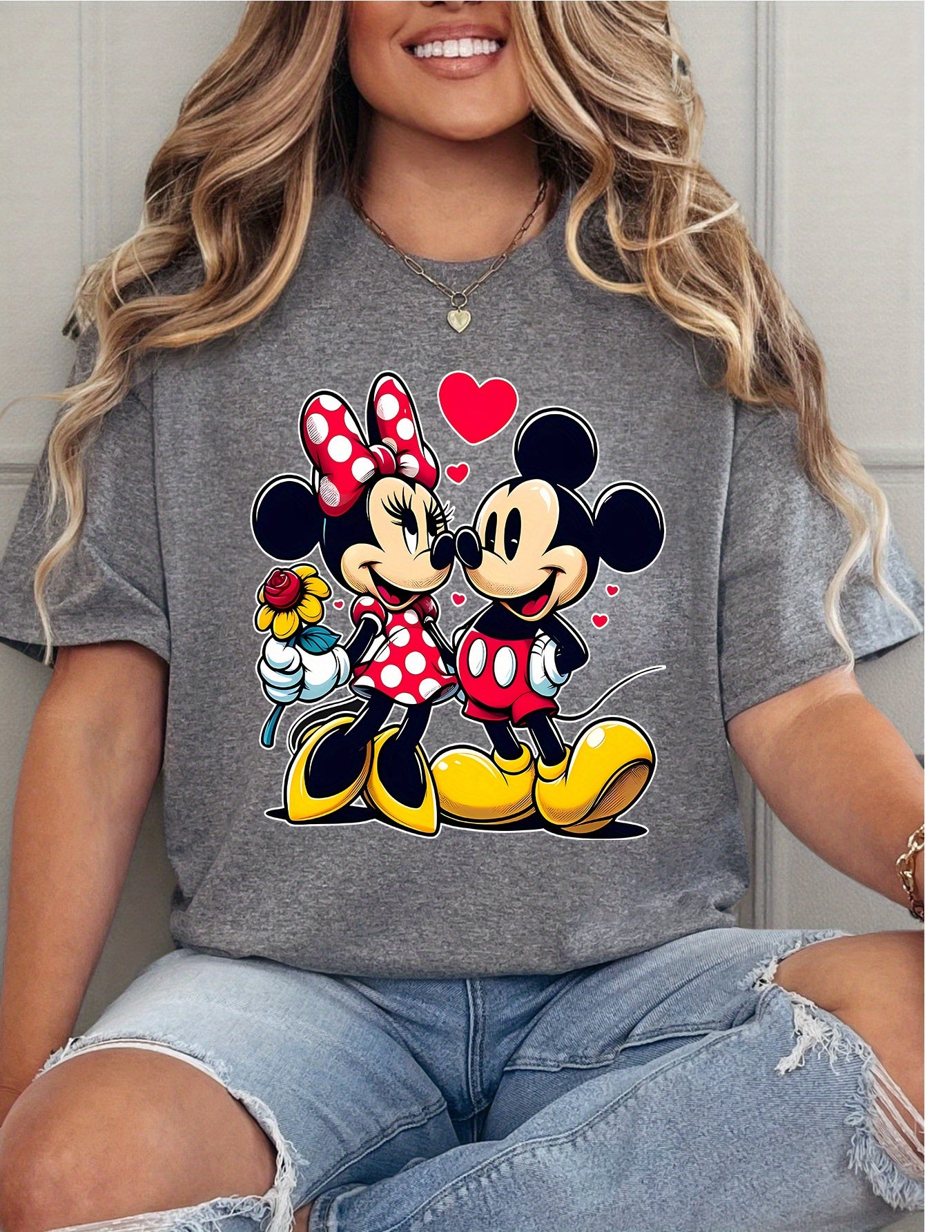 [Mickey Mouse Cotton Tee] Cotton Mickey & Minnie Mouse Graphic T-Shirt | Men's & Women's Vibrant Red Short Sleeve Round Neck Casual Summer Tee, Comfort Fit Machine Washable