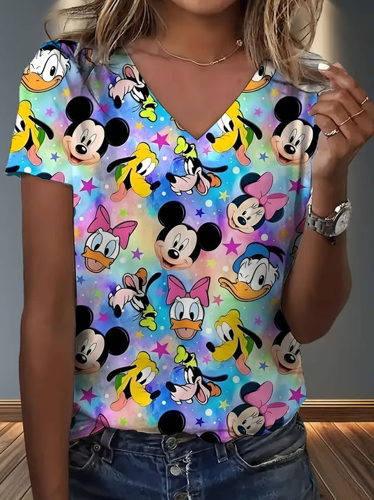 [Disney Mickey T-shirt] Disney Mickey V-neck 3D T-shirt | Casual Summer Top, Machine Washable, Versatile Clothing, Durable Print, Short-sleeved