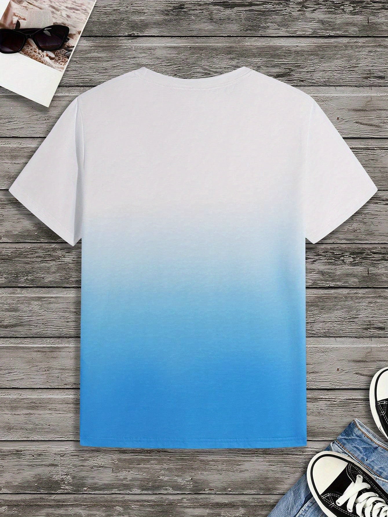 [Summer T-Shirt] Quick-Dry Breathable Men's Summer Short-Sleeve Crewneck T-Shirt | Dual-Tone Gradient Coconut Tree Print, 100% Polyester, Regular Fit Casual Tee for Teens & Adults, Home & Outdoor Activities