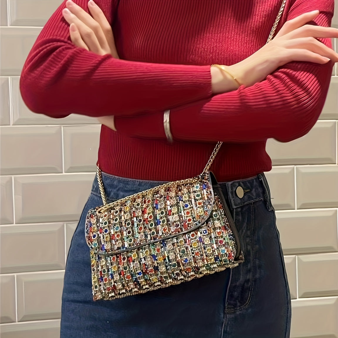 Luxurious Rhinestone and Beaded Women’s Evening Clutch Elegant Multicolor PU Handbag with Adjustable Strap and Golden Tone Hardware for Banquets Weddings and Formal Events