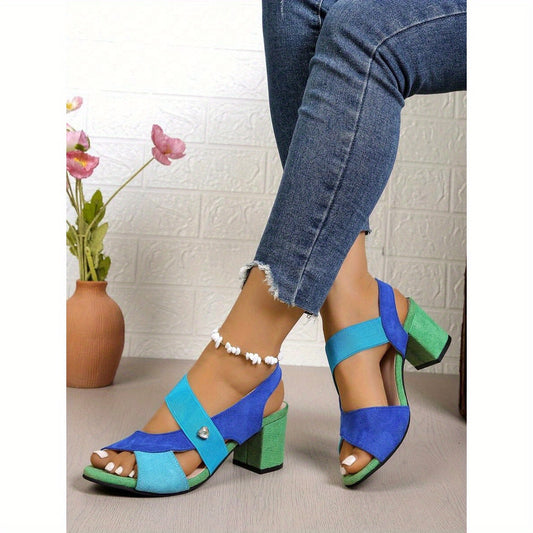 Women's Chunky Heel Sandals with Breathable Corduroy Upper and Ankle Strap Closure Open Toe Mid Heel Design for Beach Weddings Parties and Office Vibrant Blue and Green Striped Spring Summer Shoes