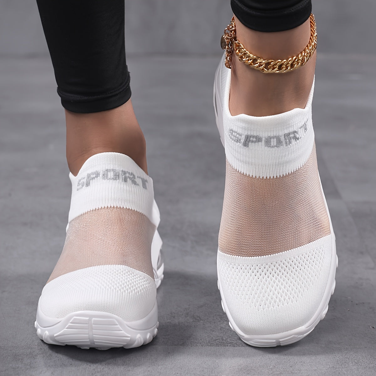 Women'S Casual Slip-On Sneakers - Breathable Mesh Fabric, Low Top, Round Toe, Comfortable Walking Shoes with "SPORT" Print, Casual Footwear | Breathable Sneakers | Comfortable Walking Shoes