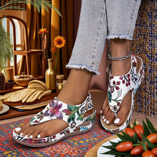 [Women's Floral Sandals] Stylish Women's Floral Print Wedge Sandals with Ankle Strap | Comfortable PU Cover for Casual Wear, White Base with Colorful Floral Patterns, Open Toe Summer Shoes