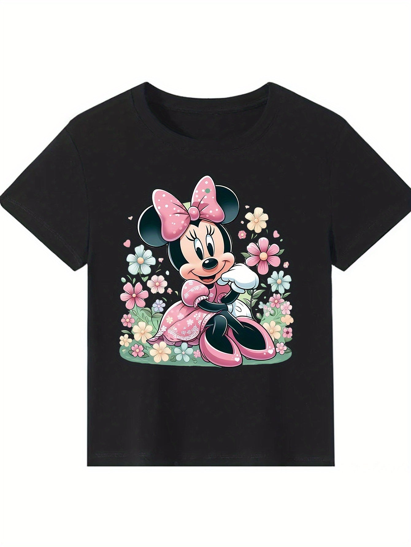 [Cute Disney T-Shirt] Disney Minnie Mouse Graphic Women's T-Shirt | 100% Cotton, Cute Design with Pink Flowers & Butterflies, S-XXL - Perfect for Outdoor Picnics & Casual Wear