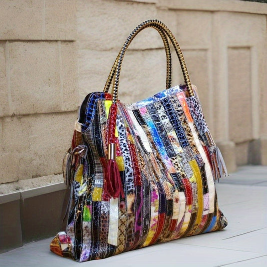 Women's Bohemian Snake-Print Shoulder Bag - Colorful Patchwork Design, Golden Chain Strap & Synthetic Leather Lining, Sloping Back Zipper Closure Handbag for Casual & Formal Outings, Ladies Bag, Stylish Travel Accessory, Dura