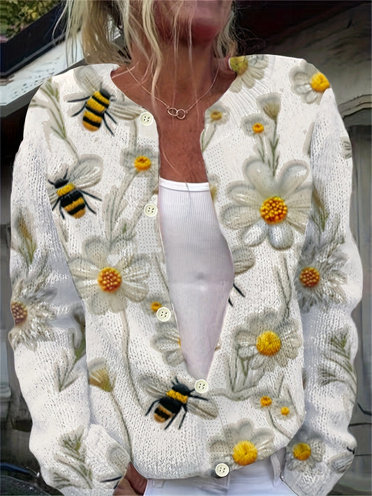 New Fashionable Flower Printed Button Cardigan