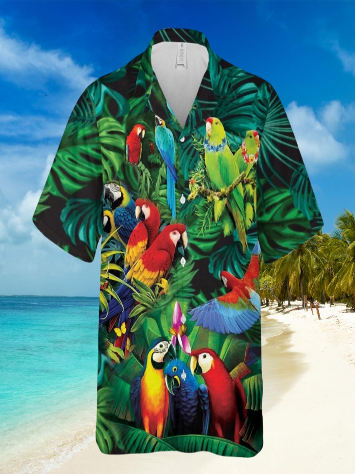 Men's Hawaiian Shirt - Tropical Parrot & Foliage Print, Unisex Loose Fit Short Sleeve Button-Up, Breathable Lightweight Fabric for Beach Vacation & Casual Summer Wear, Machine Washable, Romantic Resort Attire, Semitransparent
