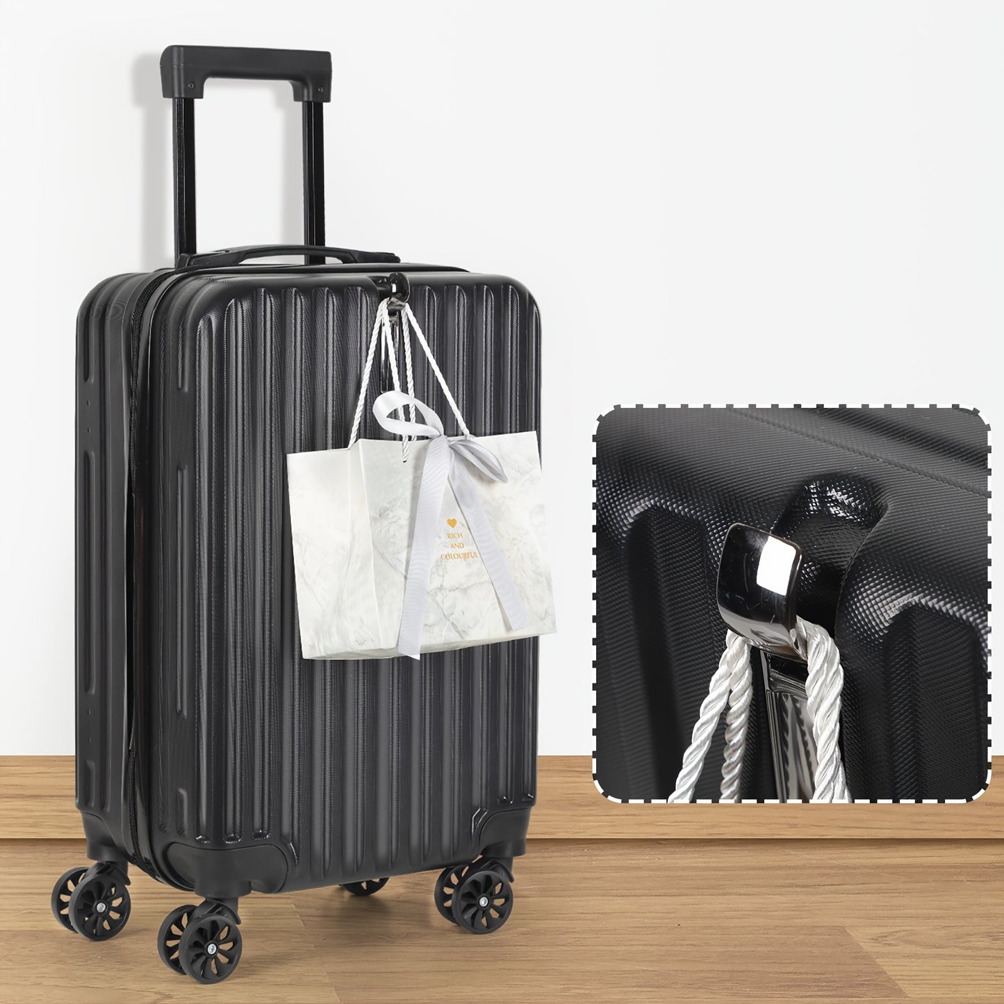 Two Sets Of Luggage, Including A 20-inch Carry-on Bag And A 14-inch Makeup Bag, Feature A Hard-shell Design With Hooks, TSA Locks And Swivel Wheels. They Come In Four Colors: Rose Golden, Silvery, Dark Blue And Black.