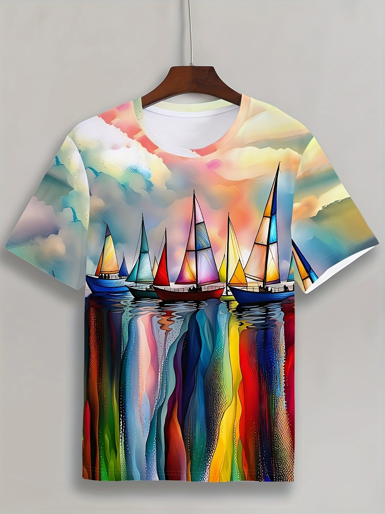 Sailboat Geometric Print Nautical Art Men's Stylish Round Neck Graphic Tee 3D Print Comfort Fit Summer Daily Wear Casual Streetwear Boyfriend Gift