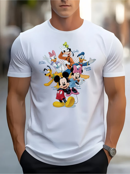 Disney Mickey Mouse & Friends Graphic T-Shirt for Men - 100% Cotton 220gsm Casual Short Sleeve Tee with Vibrant Cartoon Print, Round Neck Regular Fit for Beach Vacations, Family Outings & Birthday Gifts (Disney Fans), Disney