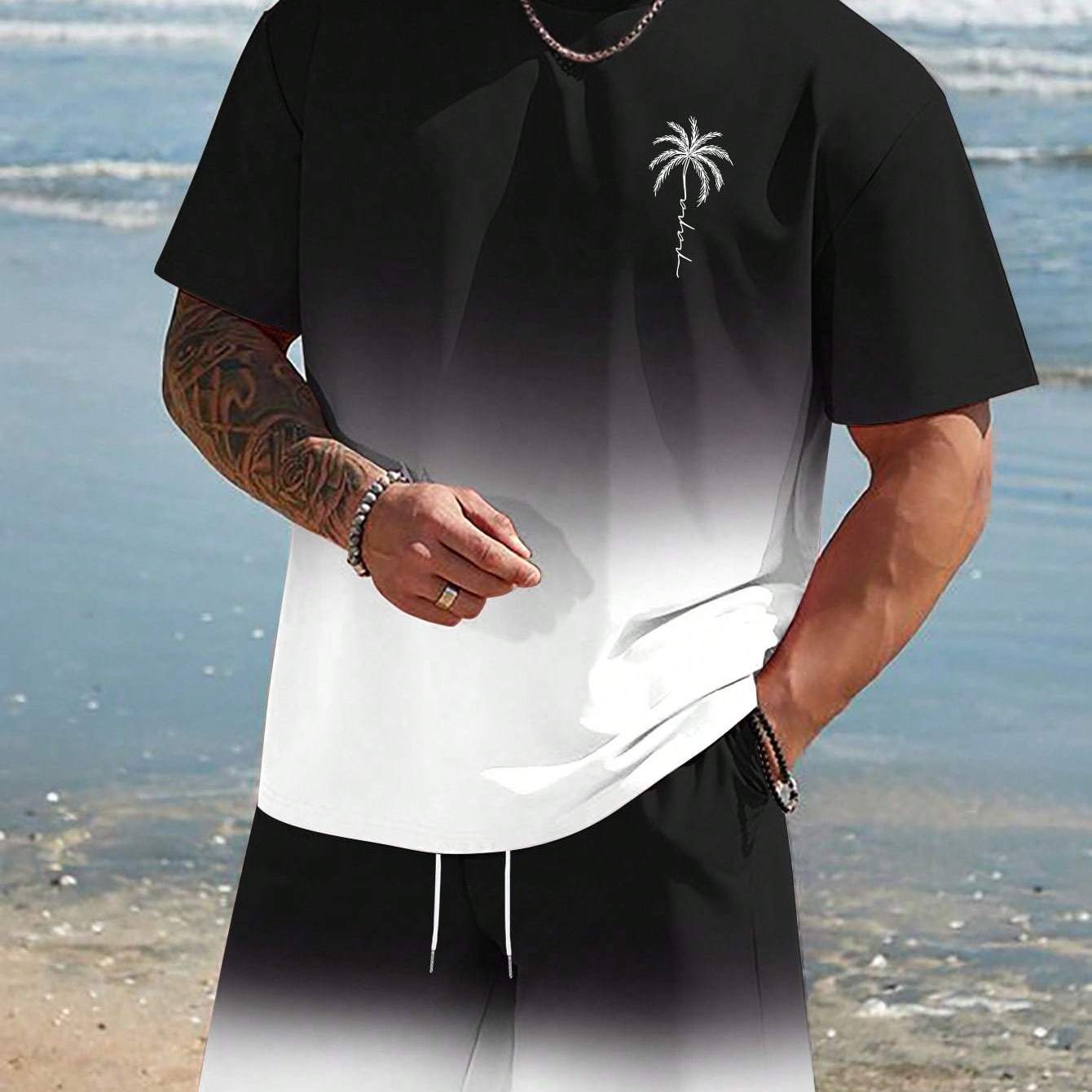 [Summer T-Shirt] Quick-Dry Breathable Men's Summer Short-Sleeve Crewneck T-Shirt | Dual-Tone Gradient Coconut Tree Print, 100% Polyester, Regular Fit Casual Tee for Teens & Adults, Home & Outdoor Activities