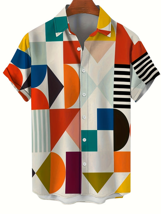 Men's Quick-Dry Breathable Hawaiian Shirt with Vibrant Geometric Print Short Sleeve Button-Up Casual Shirt for Summer Beachwear and Outdoor Activities Lightweight Fabric