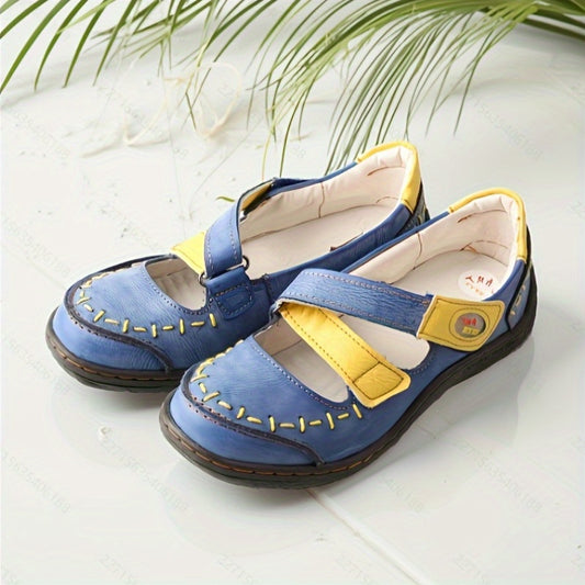 [Soft Leather Sandals] TMA EYES Soft Leather Women's Casual Slip-On Flat Sandals | Blue & Yellow Cross Design, Comfortable Low-Top, Padded Insole, Flat Heel, Summer Footwear