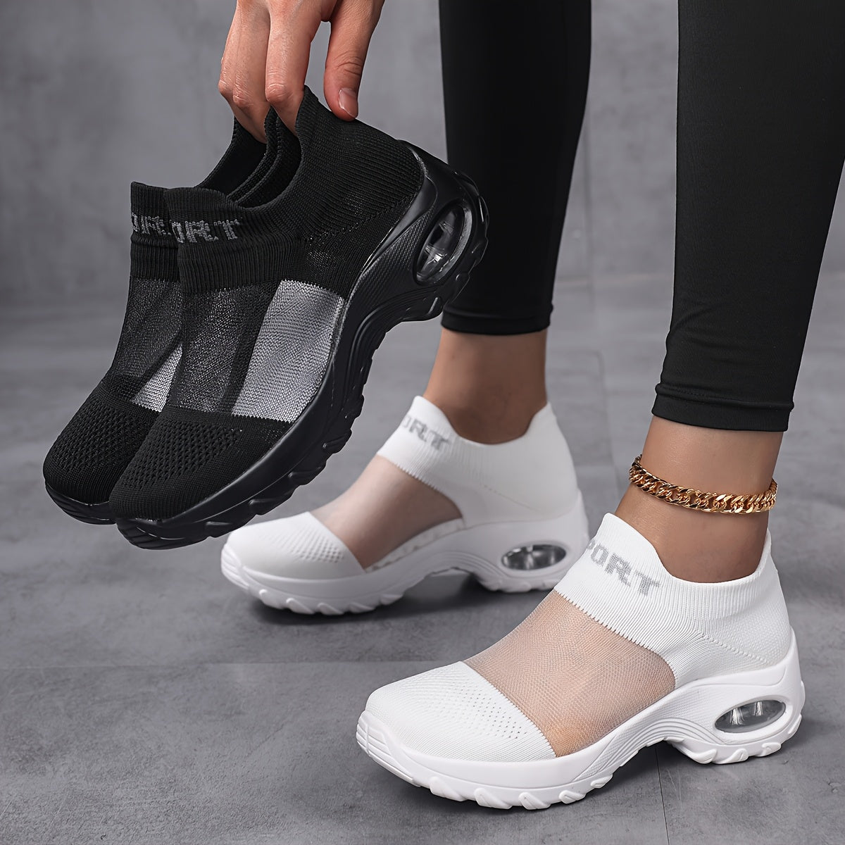 Women'S Casual Slip-On Sneakers - Breathable Mesh Fabric, Low Top, Round Toe, Comfortable Walking Shoes with "SPORT" Print, Casual Footwear | Breathable Sneakers | Comfortable Walking Shoes