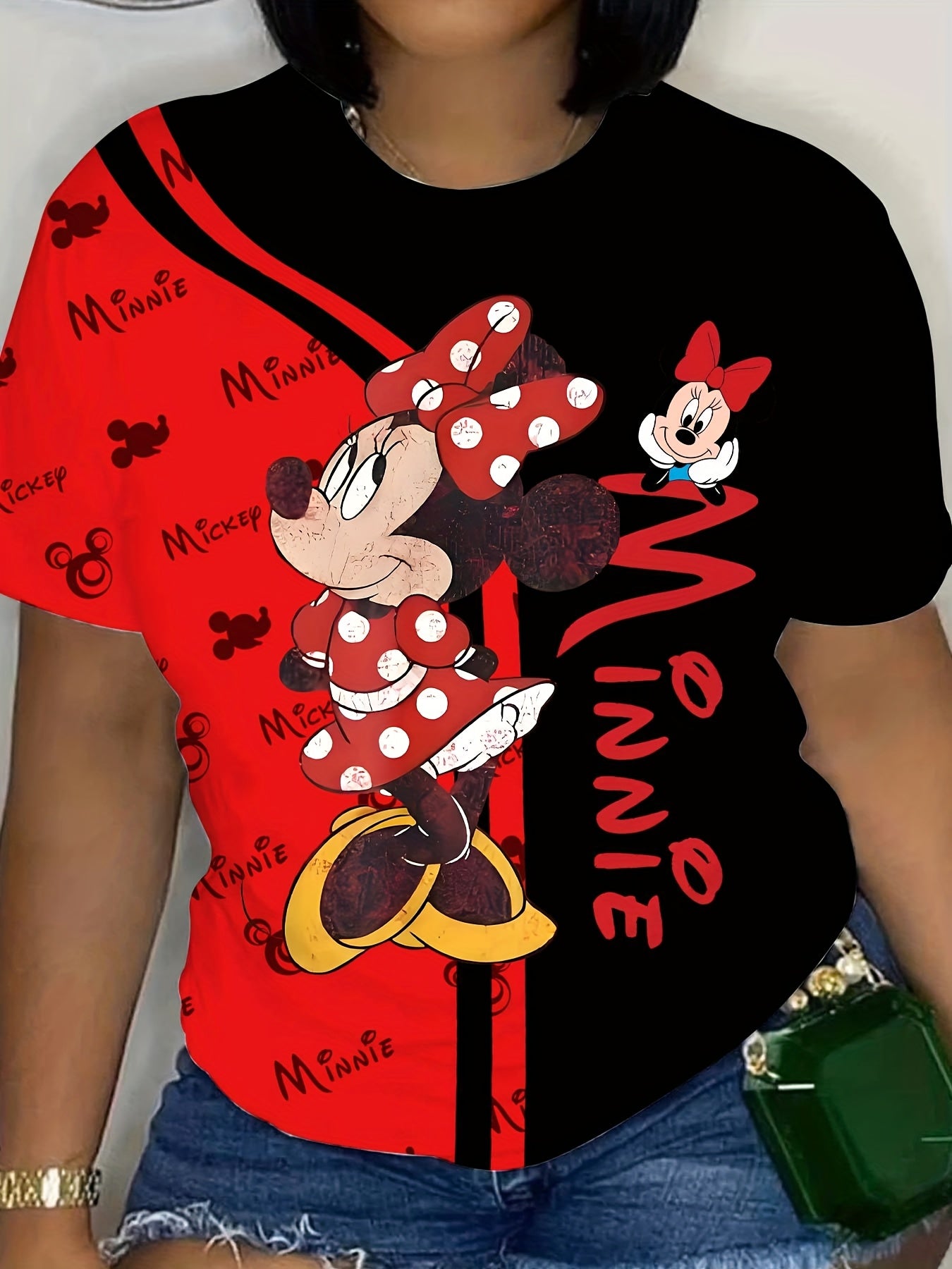 Women'S Minnie Mouse 3D Print T-Shirt - Black & Red Short Sleeve Crew Neck Casual Top with Mickey Mouse & Polka Dots Design, Perfect for Summer Outdoor Activities & Casual Attire, Outdoor Casual Wear | Playful Graphic Tee | S