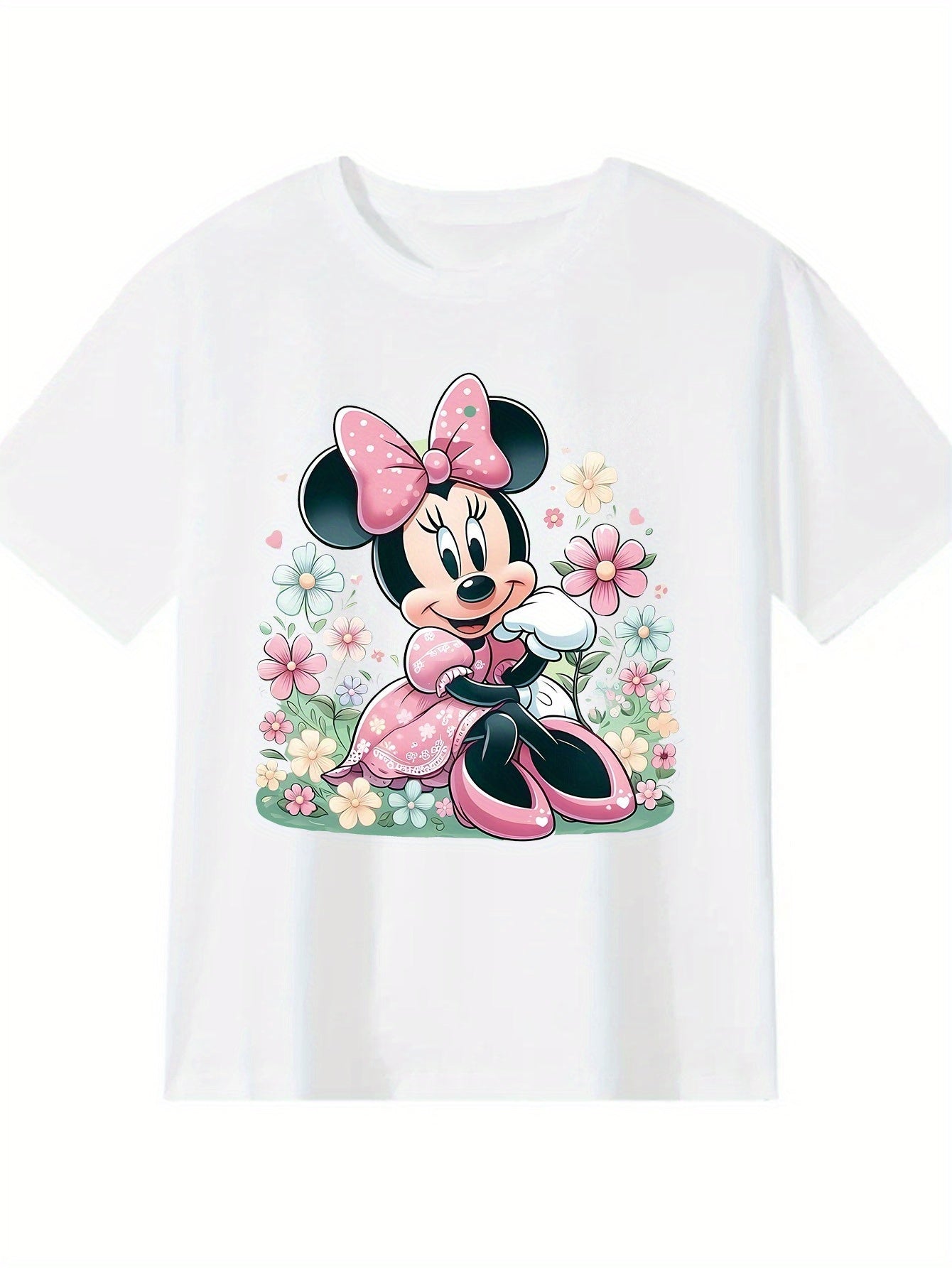 [Cute Disney T-Shirt] Disney Minnie Mouse Graphic Women's T-Shirt | 100% Cotton, Cute Design with Pink Flowers & Butterflies, S-XXL - Perfect for Outdoor Picnics & Casual Wear