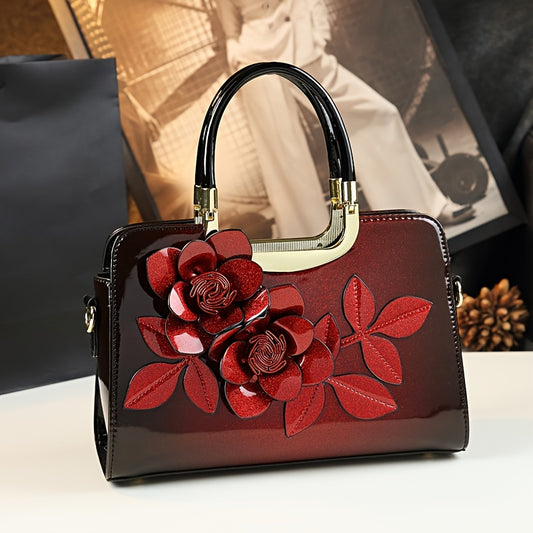 2025 New Style Women's Genuine Leather Crossbody Shoulder Bag Burgundy Floral Embellished Handbag with Adjustable Strap Golden-Tone Hardware and Zipper Closure Versatile for Casual and Formal Occasions