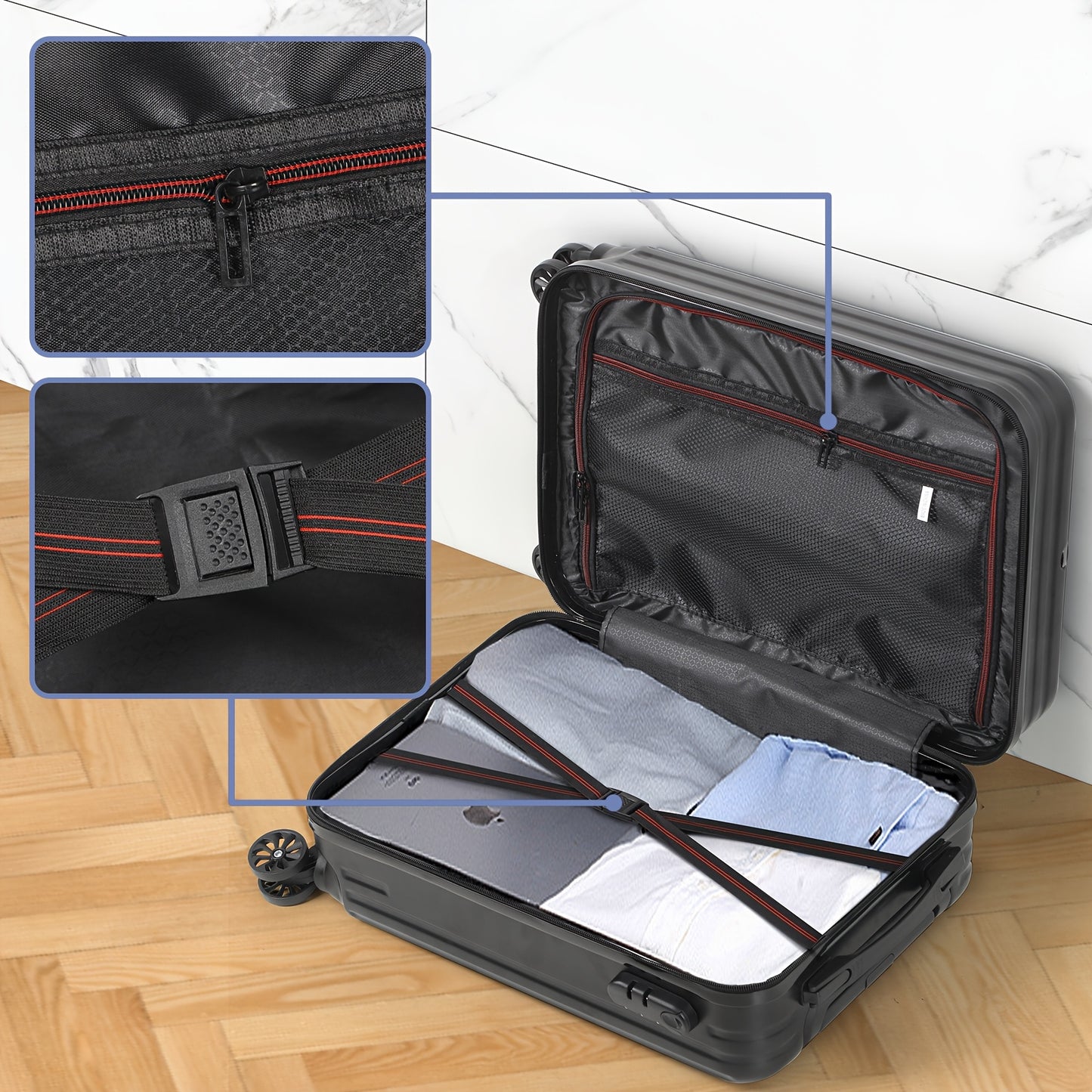 Two Sets Of Luggage, Including A 20-inch Carry-on Bag And A 14-inch Makeup Bag, Feature A Hard-shell Design With Hooks, TSA Locks And Swivel Wheels. They Come In Four Colors: Rose Golden, Silvery, Dark Blue And Black.