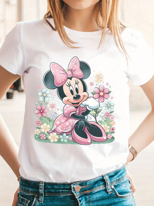 [Cute Disney T-Shirt] Disney Minnie Mouse Graphic Women's T-Shirt | 100% Cotton, Cute Design with Pink Flowers & Butterflies, S-XXL - Perfect for Outdoor Picnics & Casual Wear