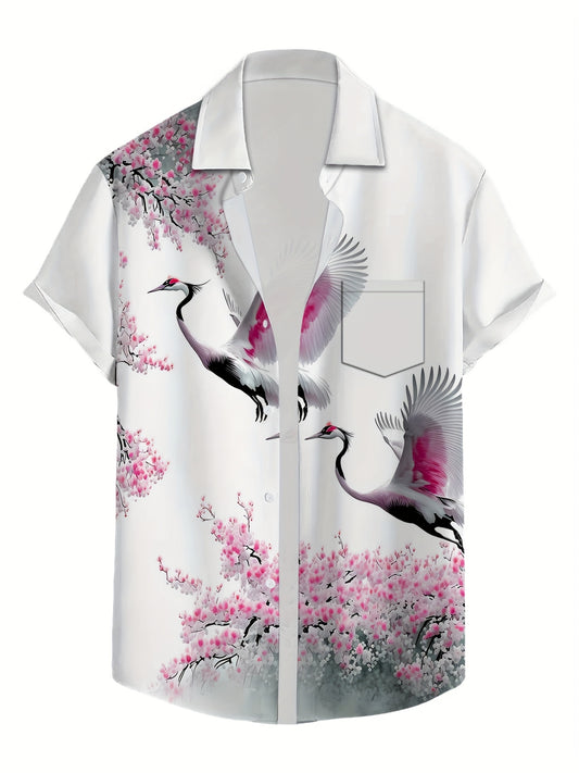 Men's Lightweight Polyester Short-Sleeve Shirt with Vibrant Red-Crowned Crane & Cherry Blossom Print, Casual Lapel Collar, Summer Fashion Top for Adults & Teens, Beach Attire | Vibrant Pattern Tee | Glossy Finish Shirt