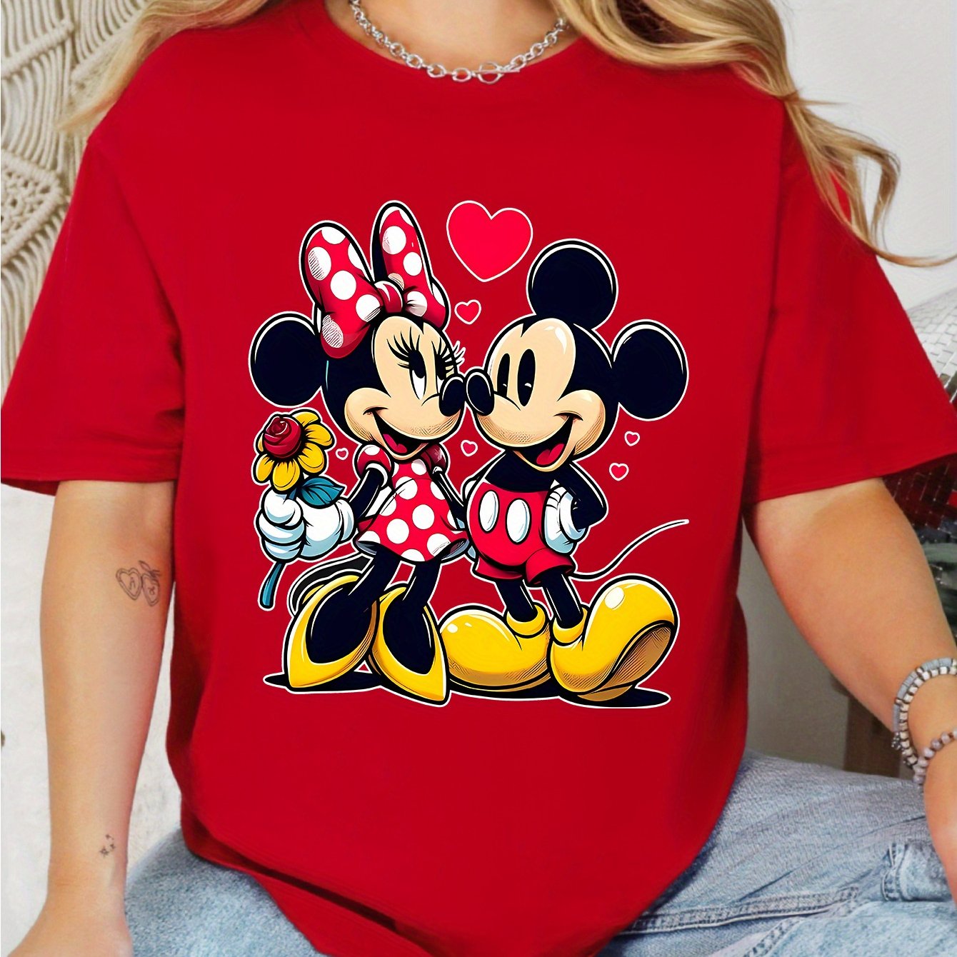 [Mickey Mouse Cotton Tee] Cotton Mickey & Minnie Mouse Graphic T-Shirt | Men's & Women's Vibrant Red Short Sleeve Round Neck Casual Summer Tee, Comfort Fit Machine Washable