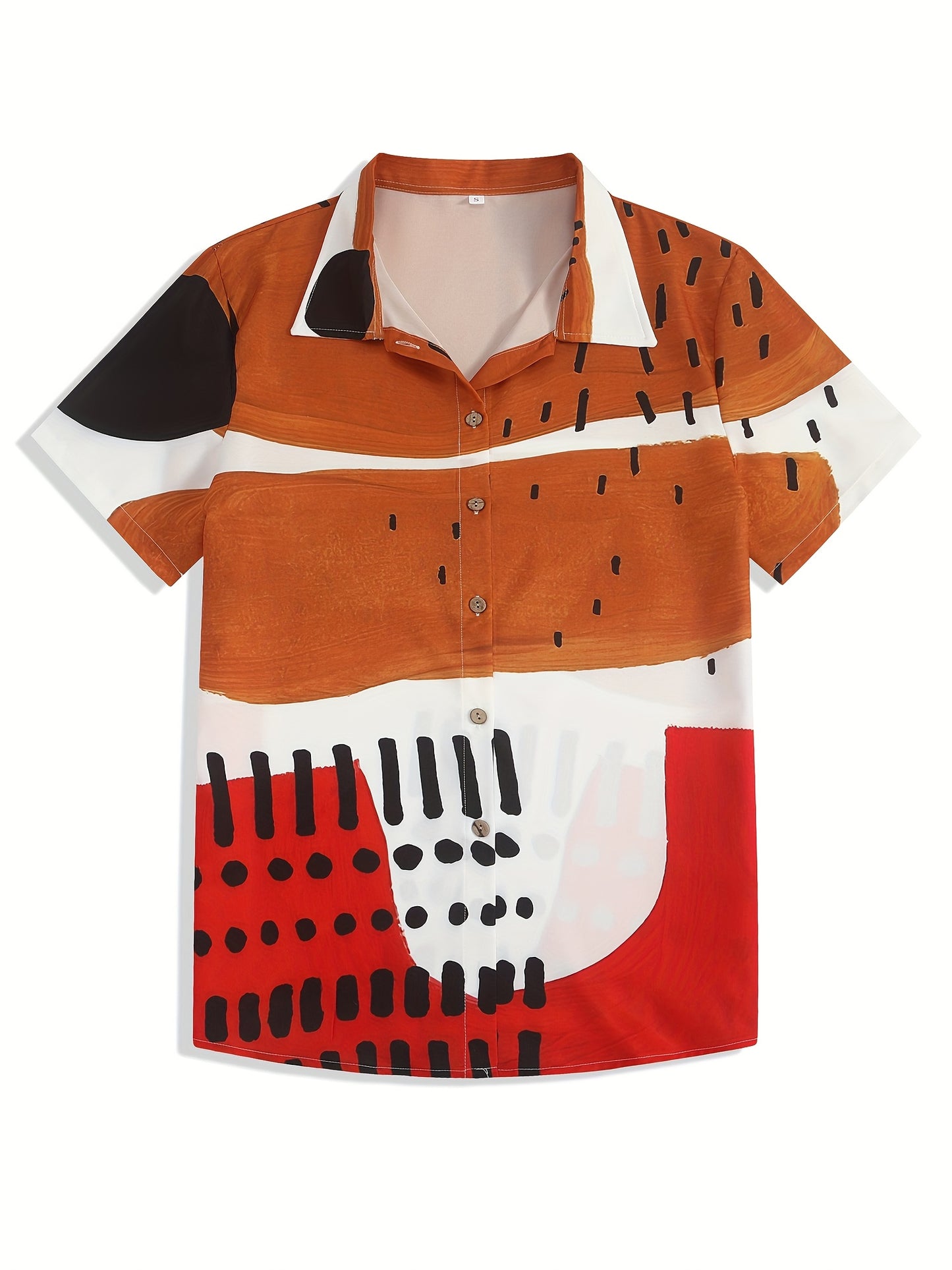 [Geometric Art Shirt] Abstract Geometric Art Print Women's Casual Short-Sleeve Shirt | Loose Fit Long Length, Color Block Contrast Design, Wood Grain Buttons, Machine Washable Summer Vacation Top, Unique Button Details