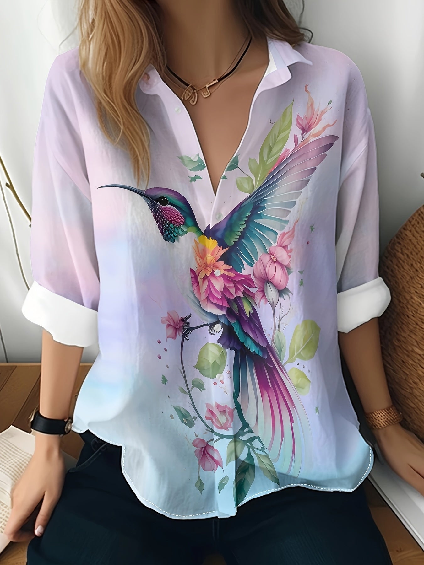 [2024 Spring Women's Shirt] 2024 Spring Summer Lightweight Polyester Women's Long Sleeve Shirt - Hummingbird Floral Print | Casual Collar, Straight Cut for Beach & Daily Casual Wear | Floral Casual Asymmetric Hem Shirt