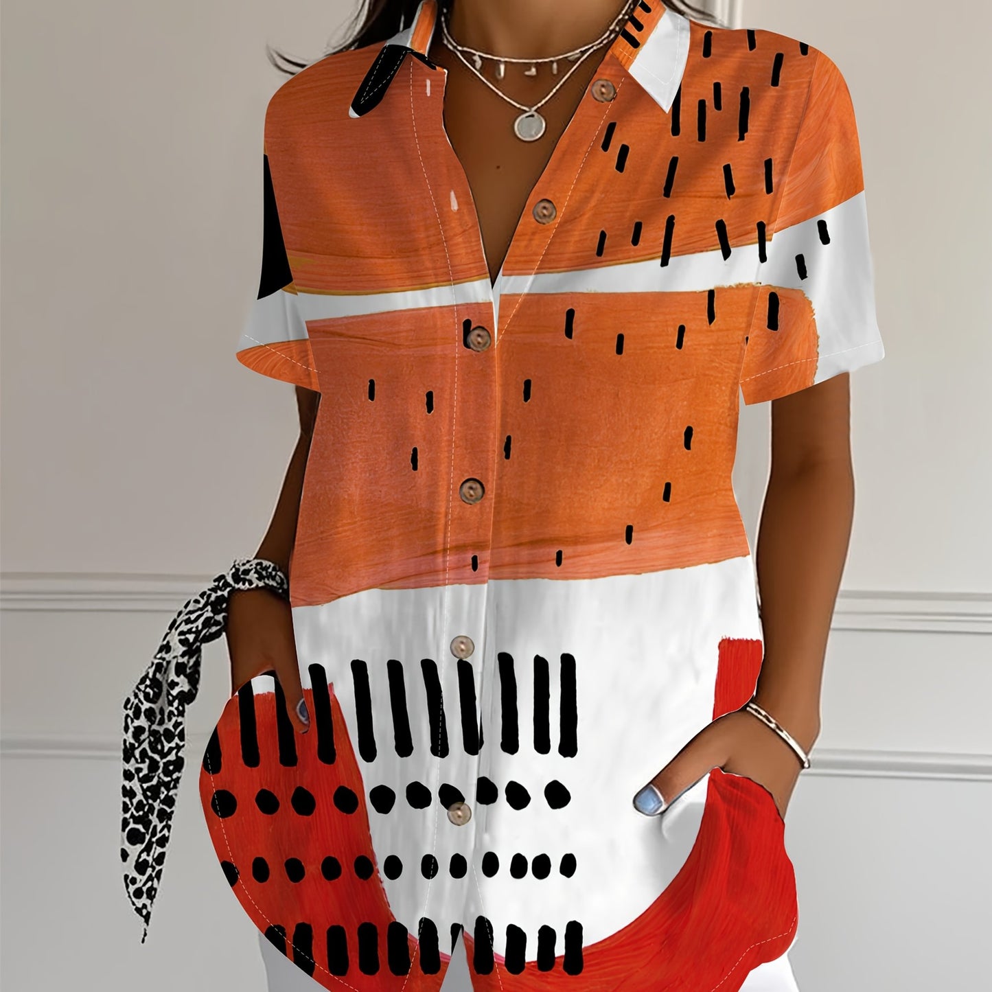 [Geometric Art Shirt] Abstract Geometric Art Print Women's Casual Short-Sleeve Shirt | Loose Fit Long Length, Color Block Contrast Design, Wood Grain Buttons, Machine Washable Summer Vacation Top, Unique Button Details