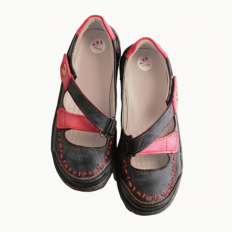 [Soft Leather Sandals] TMA EYES Soft Leather Women's Casual Slip-On Flat Sandals | Blue & Yellow Cross Design, Comfortable Low-Top, Padded Insole, Flat Heel, Summer Footwear