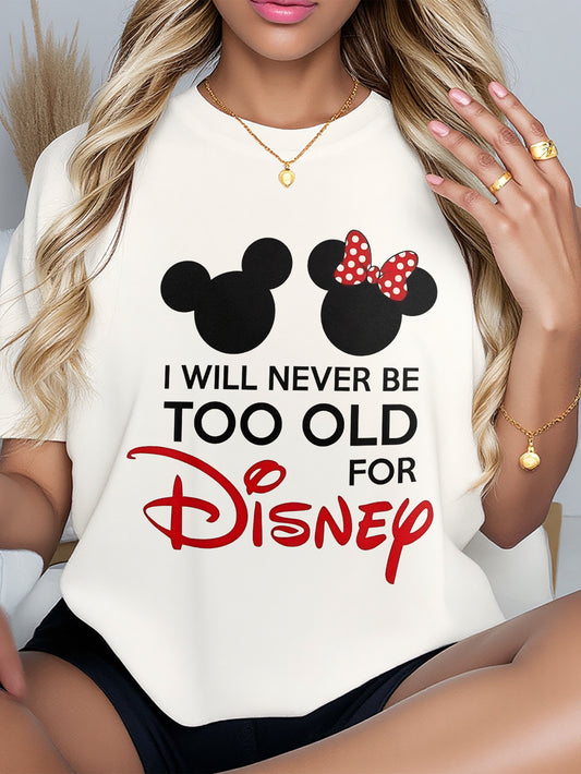 Disney Series Women's Oversized T-Shirt - Mickey & Minnie Mouse Graphic with "I Will Never Be Too Old for Disney" Text, Breathable Loose Fit Crew Neck Short Sleeve Top, Casual All-Season Comfort, Disney Fan Apparel, Playful D