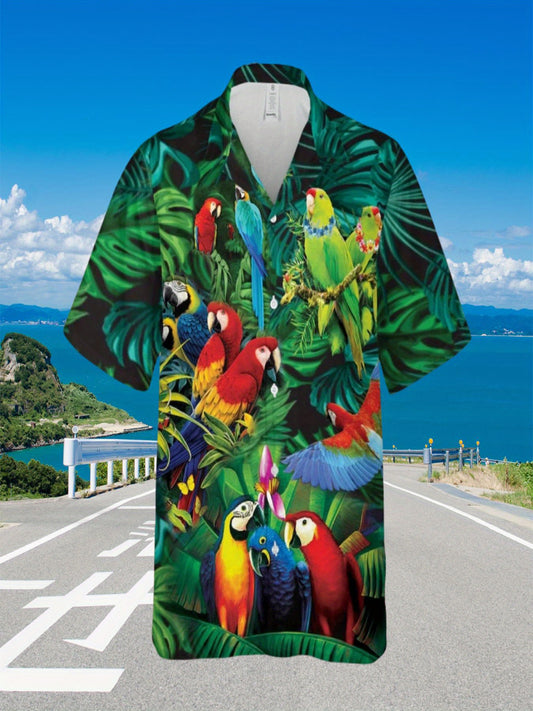 Men's Hawaiian Shirt - Tropical Parrot & Foliage Print, Unisex Loose Fit Short Sleeve Button-Up, Breathable Lightweight Fabric for Beach Vacation & Casual Summer Wear, Machine Washable, Romantic Resort Attire, Semitransparent