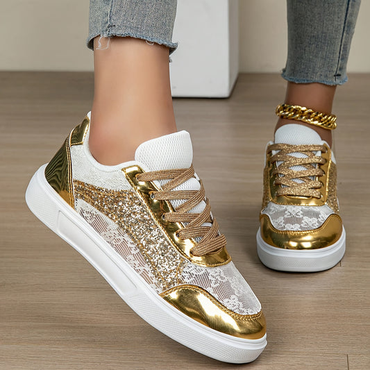 [Rhinestone Sneakers] Golden-Tone Rhinestone Women's Low-Top Sneakers | Breathable Fabric Lining, EVA Sole, Adjustable Ankle Strap | Plus Size Available, Metallic Eyelets Design, Stylish Sportswear for Summer Outdoor Training