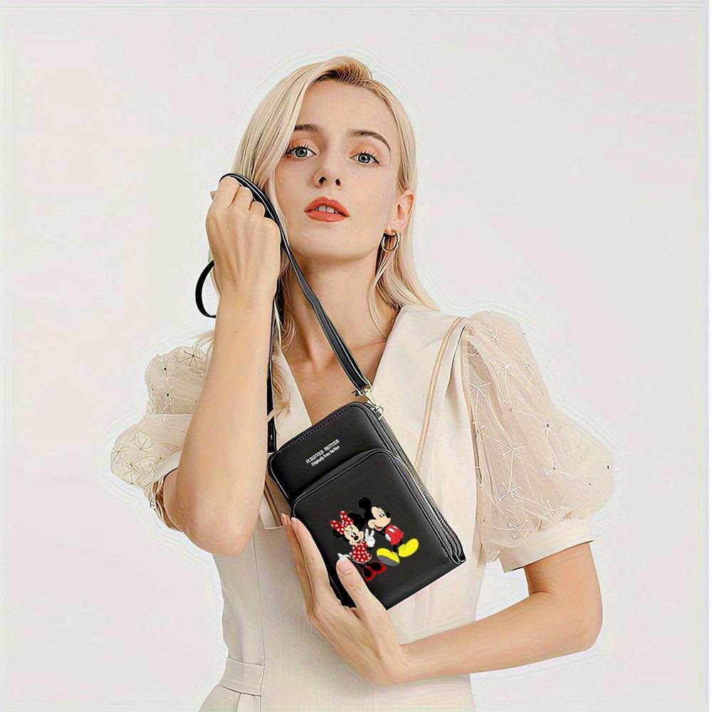 [Mickey Mouse Crossbody Bag] Mickey Mouse & Minnie Mouse 1pc Zippered Crossbody Phone Bag | Black Synthetic, Versatile Use, Polyester Lined, Casual Style, Father's Day & Independence Day Design, Small Crossbody Bag with Coin
