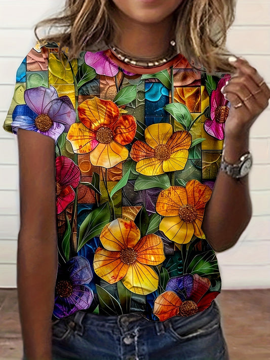 Women's 3D Floral Print Short-Sleeve T-Shirt - Vintage-Style Colorful Floral Design, Lightweight Polyester, Non-Transparent Round Neck Casual Summer Top for Everyday Fashion, Cute T Shirts, Comfortable Fit Shirt