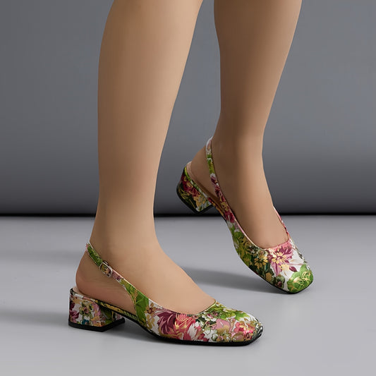 Elegant Women's Floral Mid-Chunky Heel Sandals - Square Toe, Ankle Strap, Faux Cover Lining, Rubber Sole, Summer Dress Shoes in Vibrant Green, Red & Pink Floral Pattern, Semiformal Shoes | Floral Wedge Sandals | Rubber Sole S