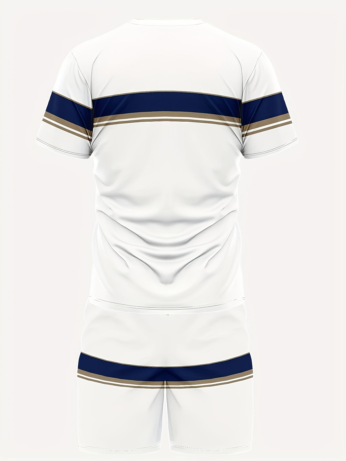 1 Set Of Men's Summer White Sports Casual Wear, Polyester Knitted Crew Neck T-shirt And Shorts Set, Breathable And Elastic, Sportswear, Striped, Suitable for Training And Leisure