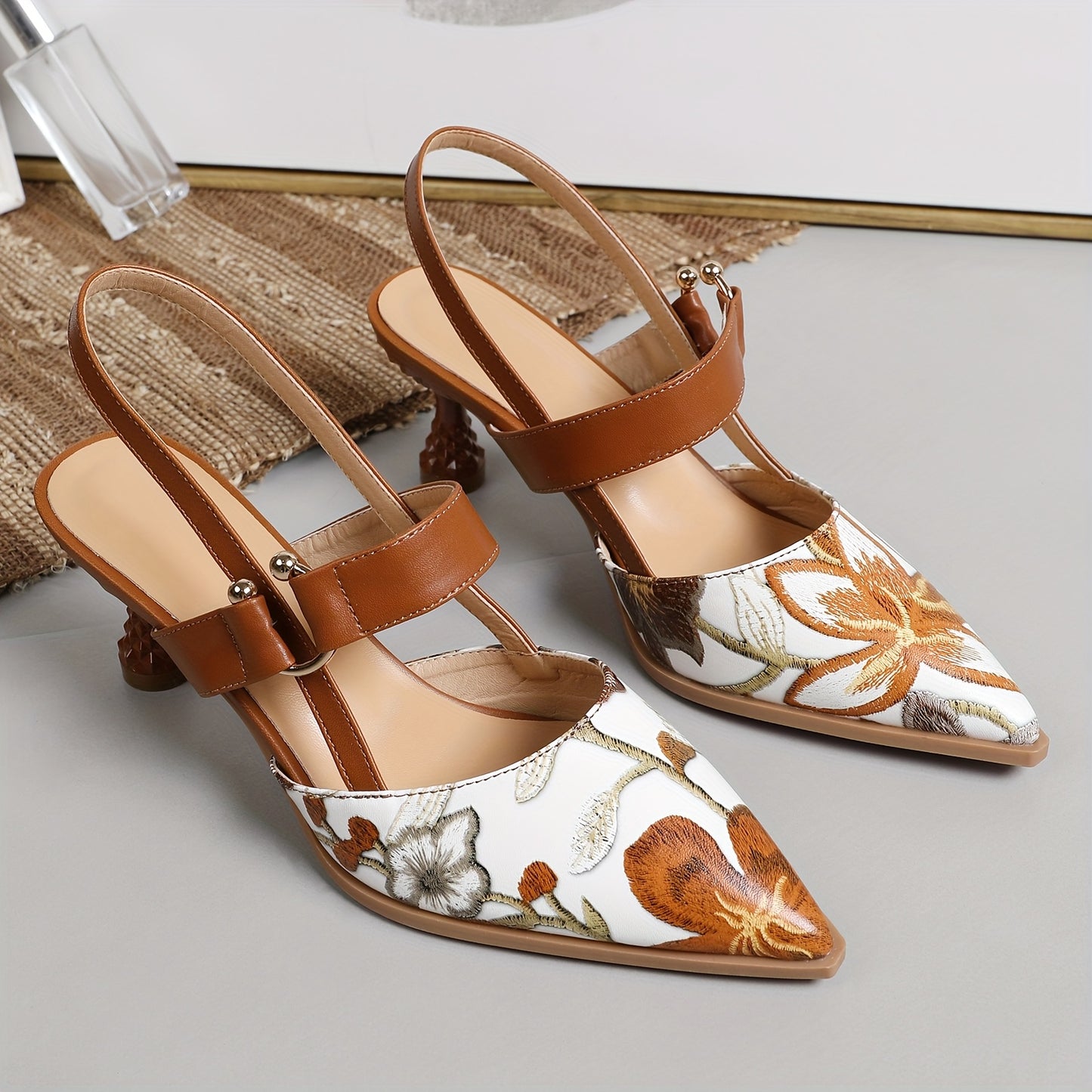 Women's Floral Print Pointed Toe Mid Heel Pumps Breathable Synthetic Cover Comfortable Block Heel TPU Sole Spring Summer Versatile Elegant Dress Shoes Semiformal Footwear Sophisticated Style Durable Footwear