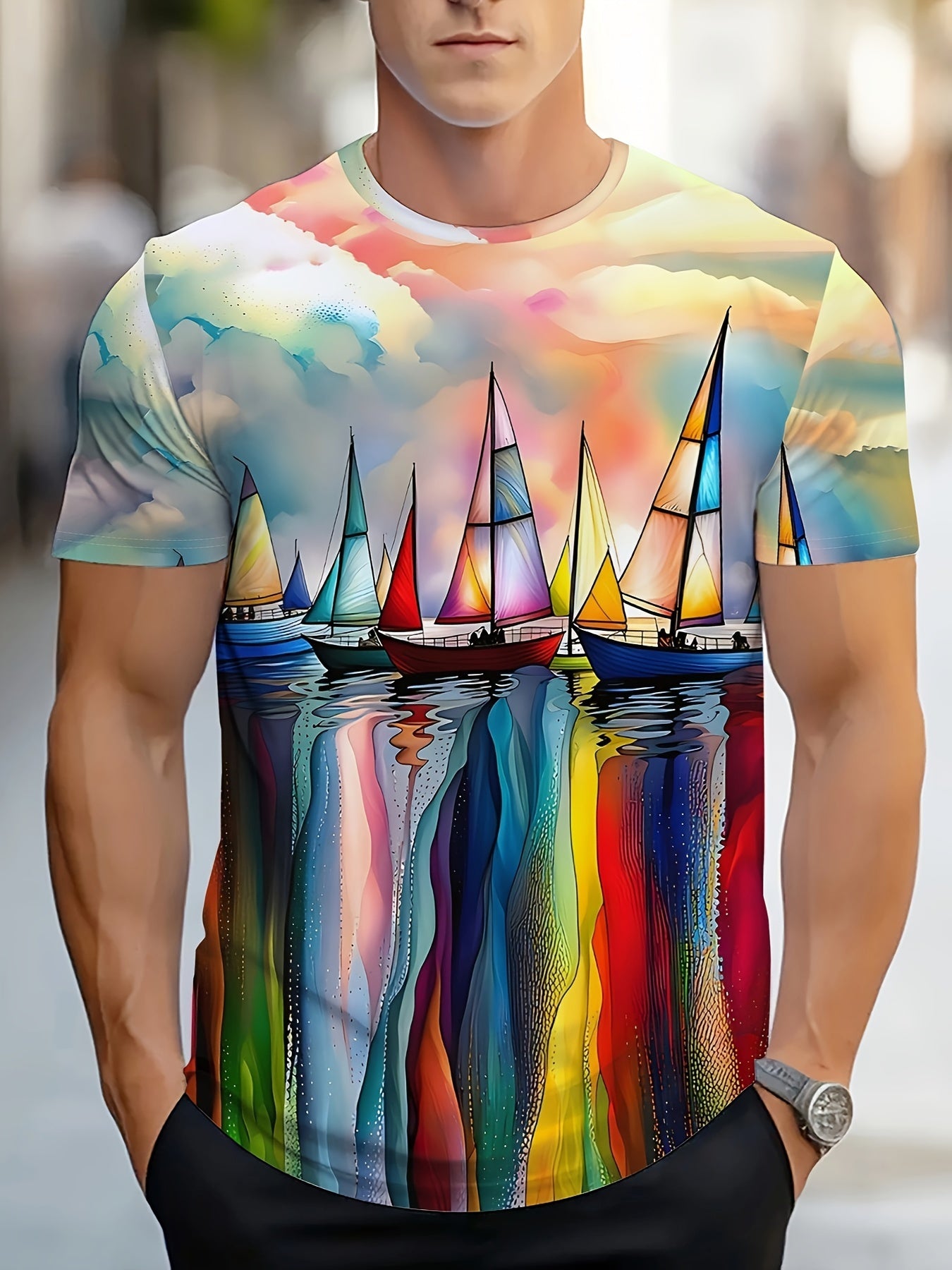 Sailboat Geometric Print Nautical Art Men's Stylish Round Neck Graphic Tee 3D Print Comfort Fit Summer Daily Wear Casual Streetwear Boyfriend Gift