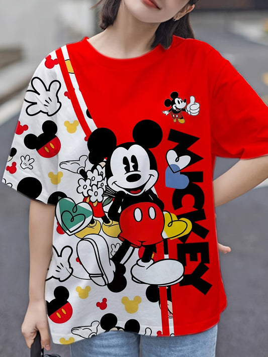 Disney Mickey Mouse Women's Large Size 3D Printed T-Shirt - Vibrant Red Casual Short Sleeve Top with Playful Cartoon Graphics, Machine Washable Spring/Summer Tee, Spring Summer Apparel, Durable Digital Print