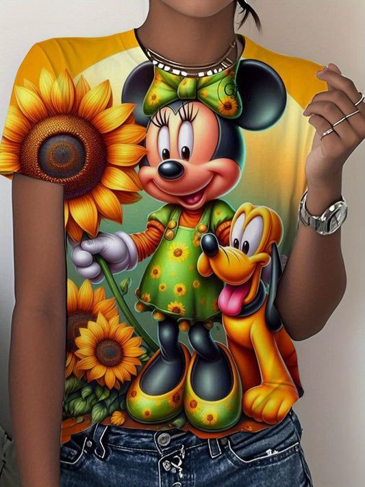 Disney Minnie Mouse and Pluto T-Shirt in Polyester Fabric with Sunflower Print and Green Polka Dot Dress Design, Perfect for Casual Wear and Disney Theme
