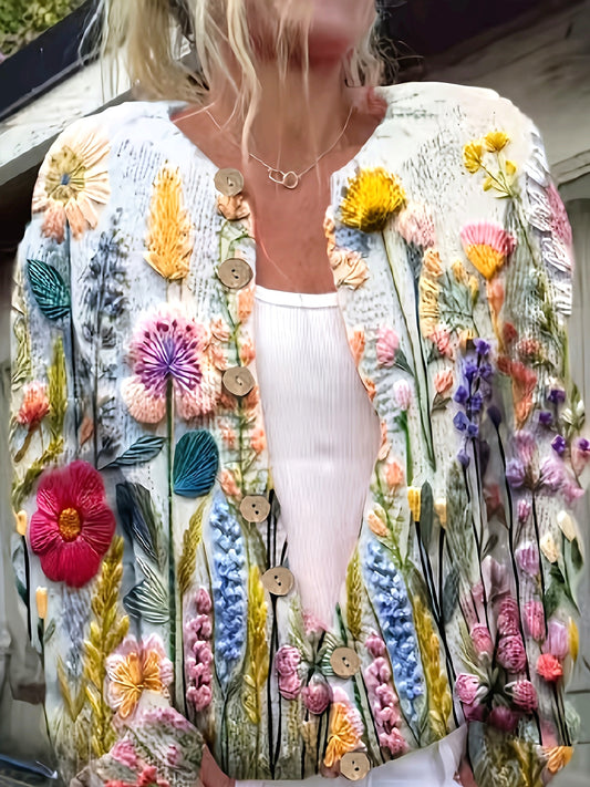 Women's Vintage Floral Print Button Cardigan Sweater - Casual Chic All-Over Vibrant Floral Design, Medium Stretch, Open Front with Decorative Buttons, Lightweight All-Season Layering Piece, Cardigan, Allseason Wear, Detailed