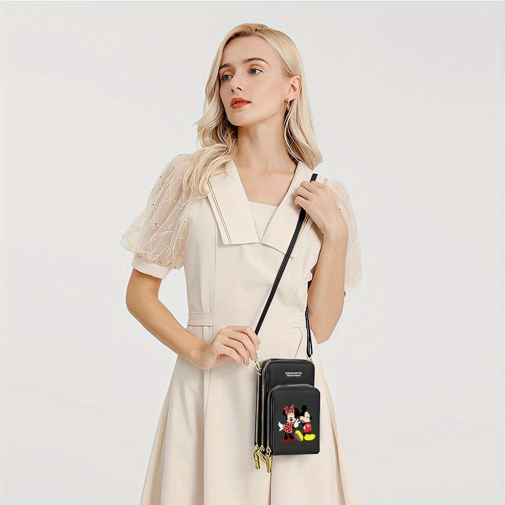 [Mickey Mouse Crossbody Bag] Mickey Mouse & Minnie Mouse 1pc Zippered Crossbody Phone Bag | Black Synthetic, Versatile Use, Polyester Lined, Casual Style, Father's Day & Independence Day Design, Small Crossbody Bag with Coin