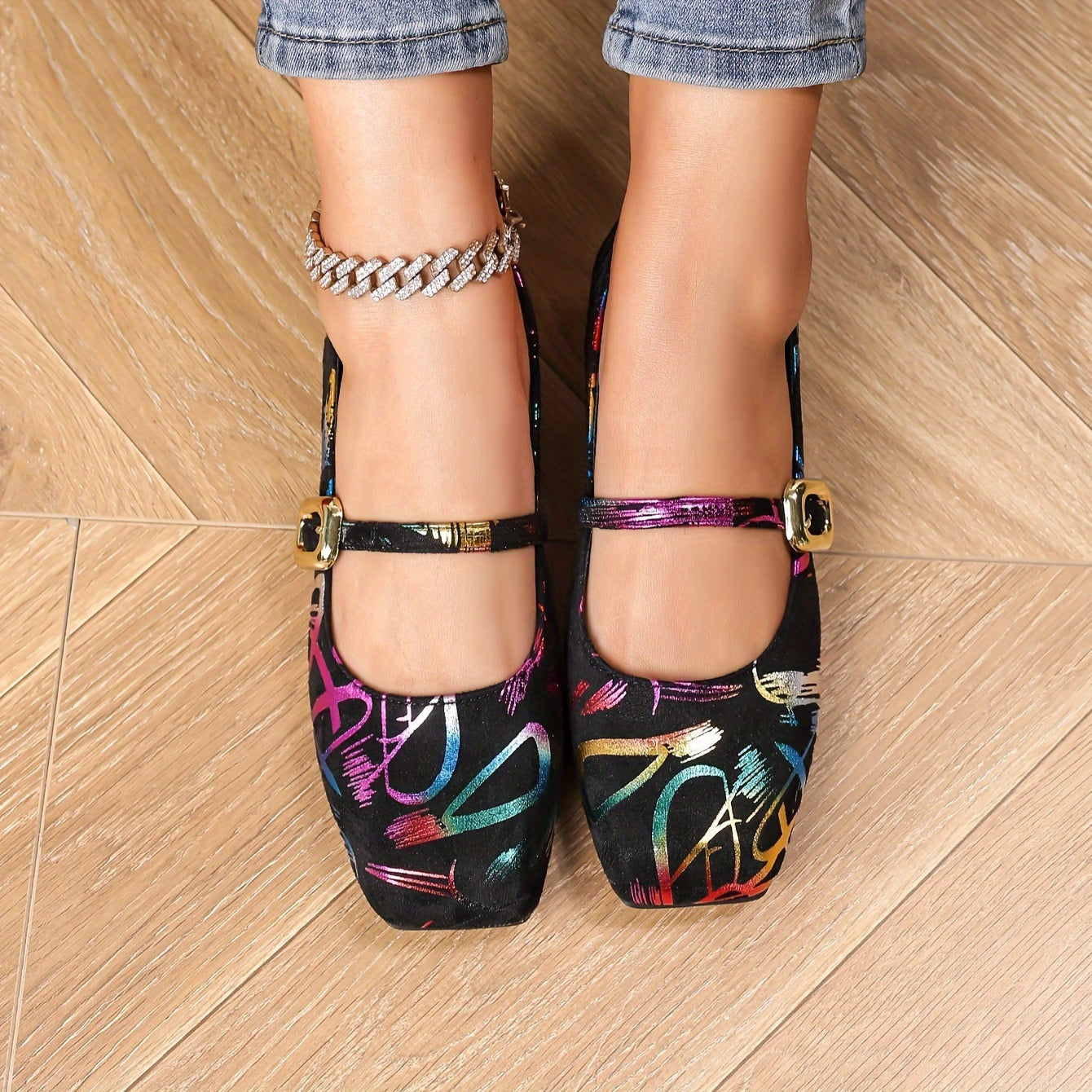 [1 Pair Camouflage Flats] 1 Pair Women's Breathable Camouflage Mary Jane Flats | Pointed Toe Buckle Closure, All-Season Velvet Shoes with TPR Sole and Man-Made Insole