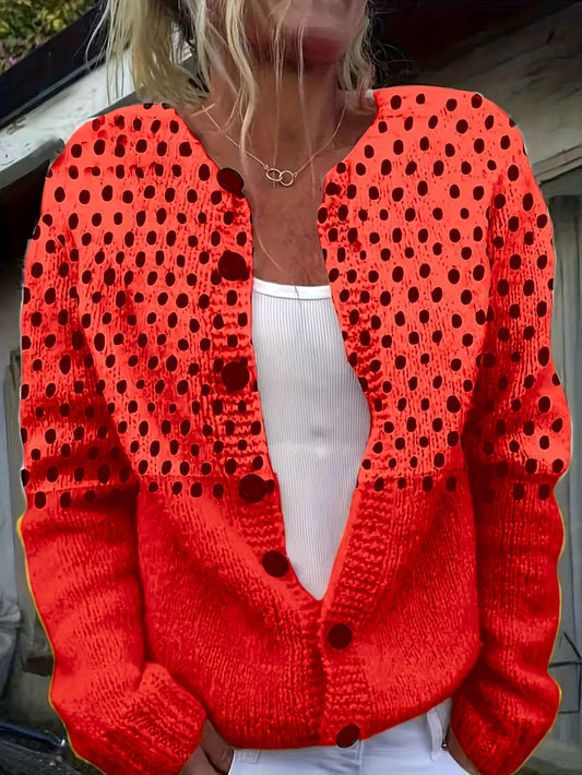 Plus Size - Women'S Plus Size Casual Red & White Polka Dot Print Cardigan - Lightweight Long Sleeve Open Front Button Sweater for Spring/Fall Layering, Hand Wash Only, Cardigan Sweater, Spring Outerwear, Trendy Knitwear, Text