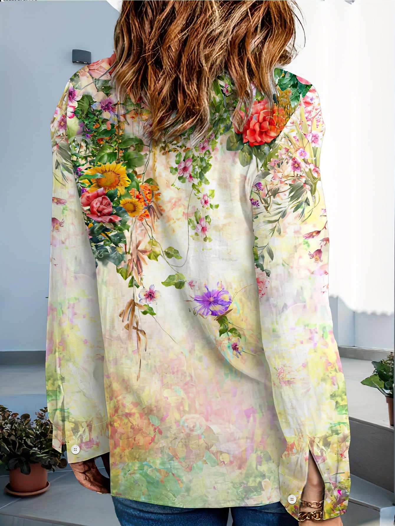 Women'S Floral Print Long Sleeve Button-Up Shirt - Vibrant Tie-Front Design, Casual Spring/Fall Fashion, Lightweight Polyester, Multiple Colors Available, Floral Print Blous