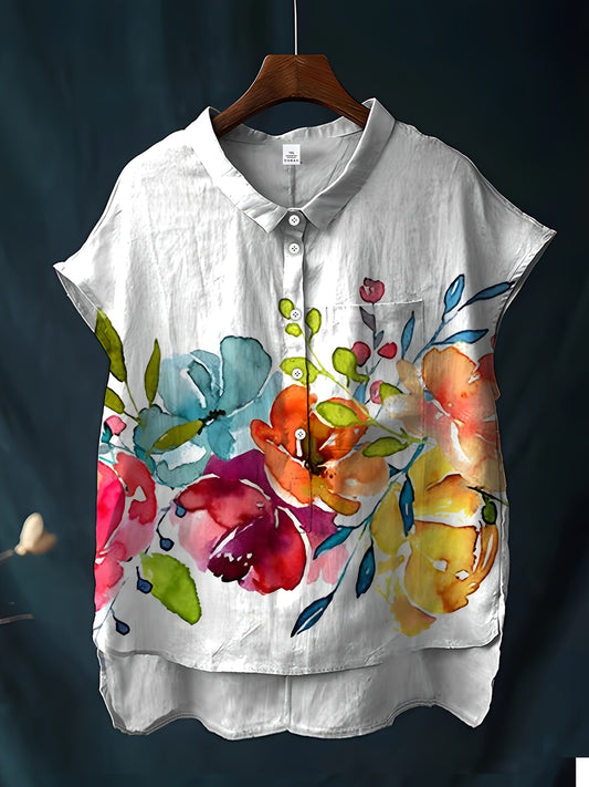 Plus Size, Allseason Apparel Women's Plus Size Watercolor Floral Print Sleeveless Shirt - Vibrant Botanical Design on White, Button-Up Collar Longline Top with Pockets, Machine Washable Non-Stretch Fabric for Casual Elegance