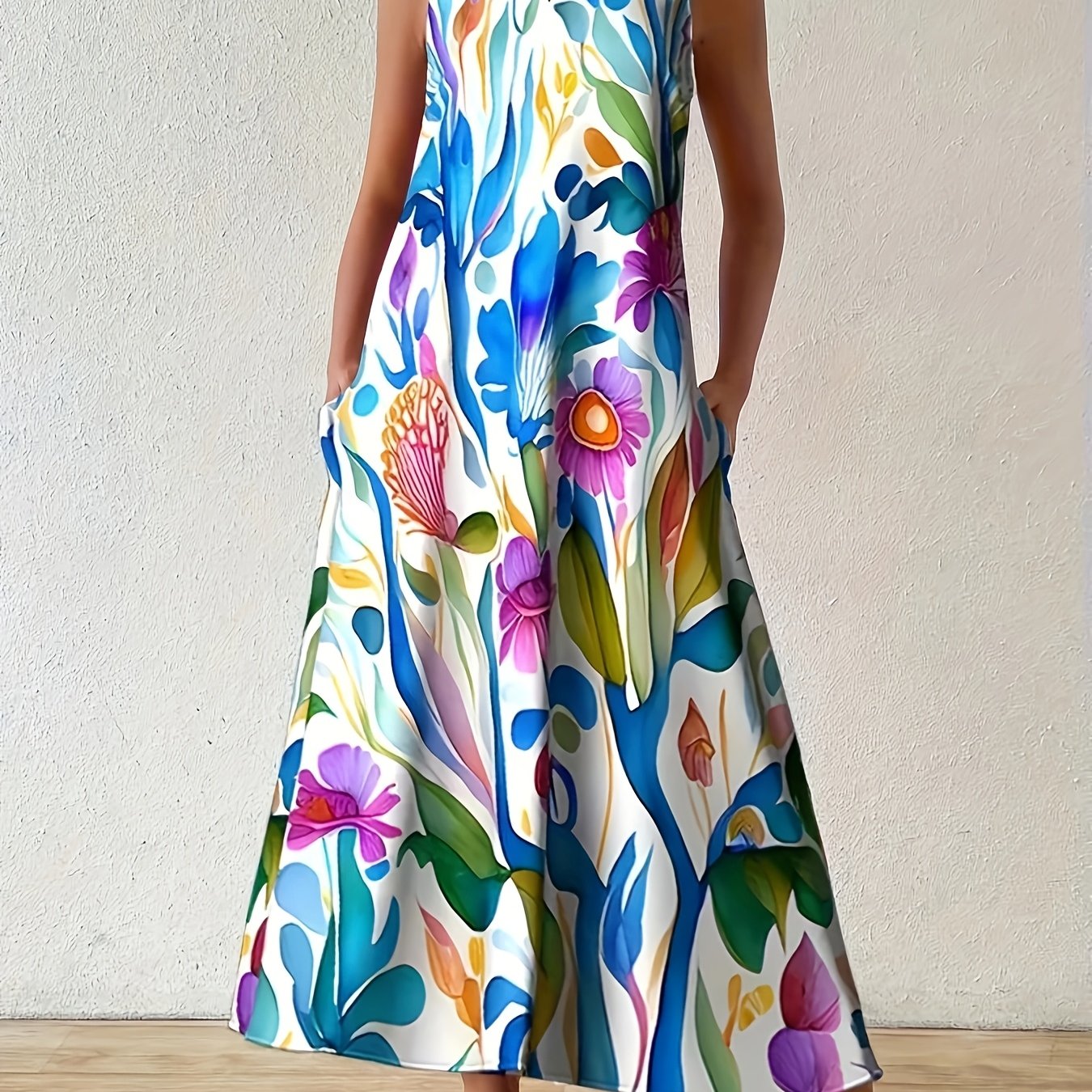 [Vibrant A-Line Dress] Vibrant Floral Print Women's A-Line Dress with Pockets | Sleeveless Round Neck Machine-Washable | Spring Summer Vacation Outfit